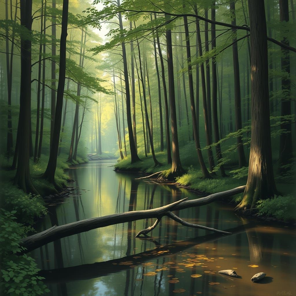 Calm Forest Stream Reflecting Trees in Soft Light