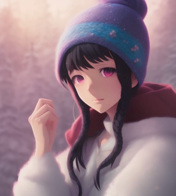 Anime Girl in Yarn Winter Outfit, Ghibli Style
