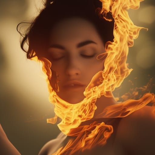 Photorealistic Woman on Fire in Landscape