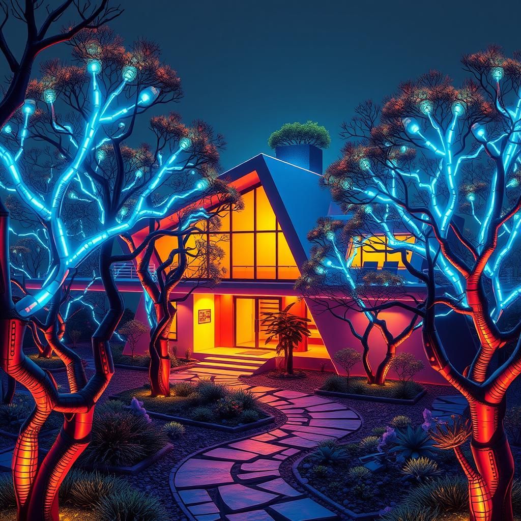 Futuristic House with Glowing Trees in Cyberpunk Style