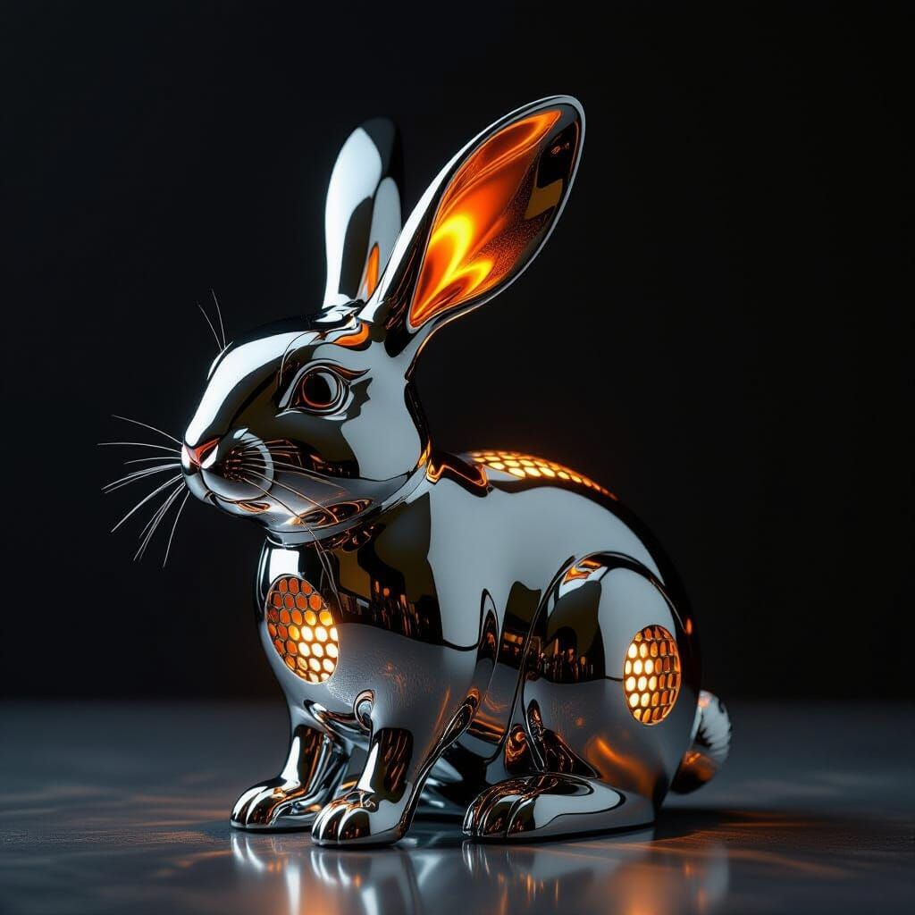 Chrome Smoker Rabbit Sculpture with Glowing Embers