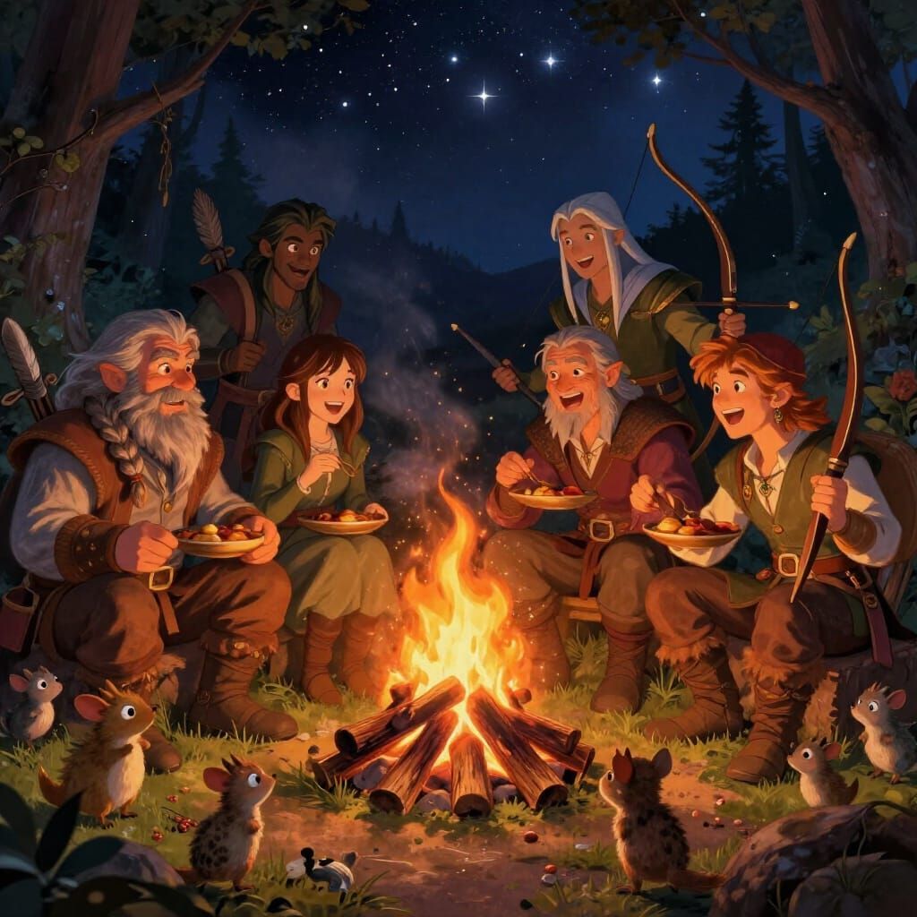 Fantasy Adventurers Feast By Campfire Under Starry Sky