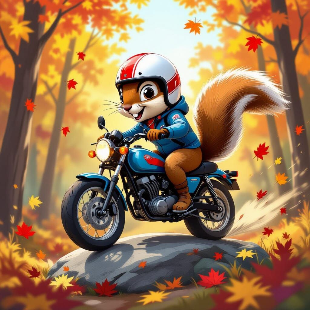 Squirrel on Motorcycle Jumps Through Autumn Forest