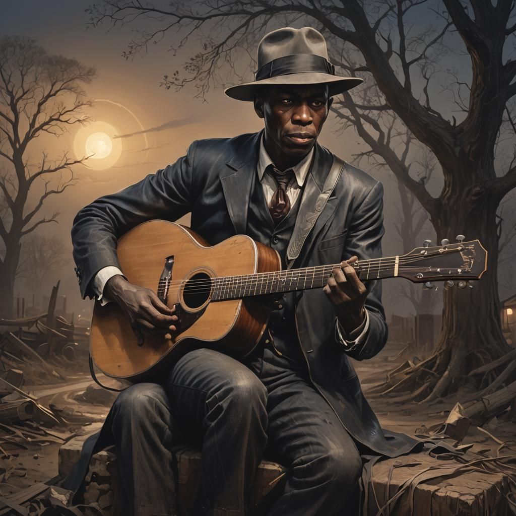 Robert Johnson sitting playing his guitar at dusty rural crossroads in 1920. It is a dark and ominous night.