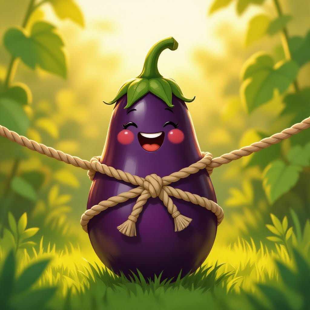 Joyful Eggplant in Garden Tied with Ropes
