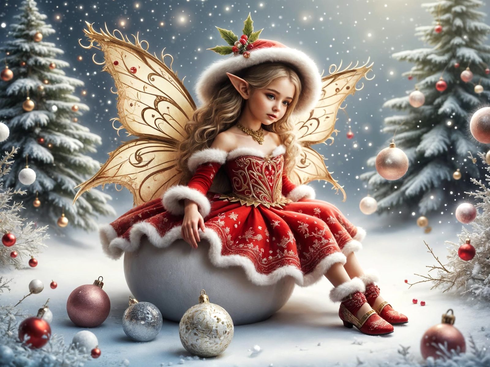 Adorable Elf Fairy in Xmas Outfit on Snowball