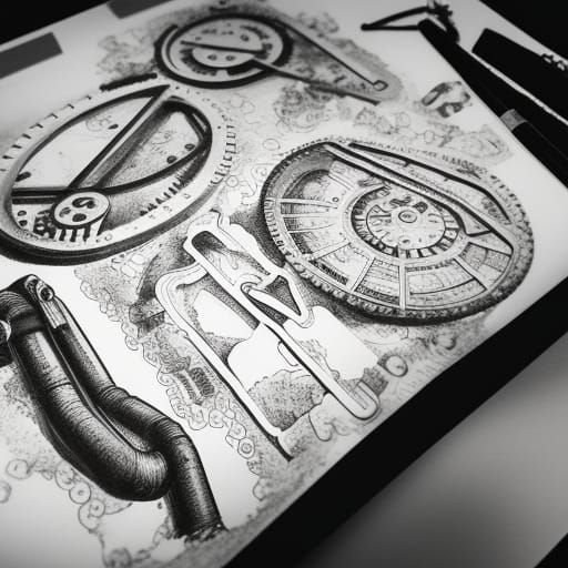 Detailed Pen and Ink Hand Illustration with Steampunk Engine