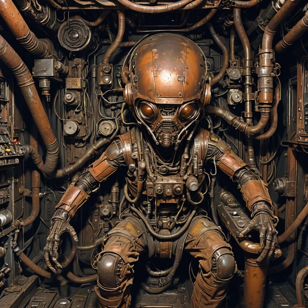 a spaceship, oily and grimy, an old alien man sits