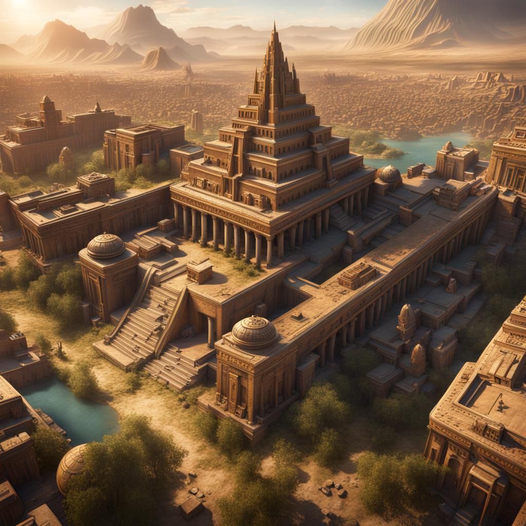Ancient Babylon City with Gods: Detailed Matte Painting