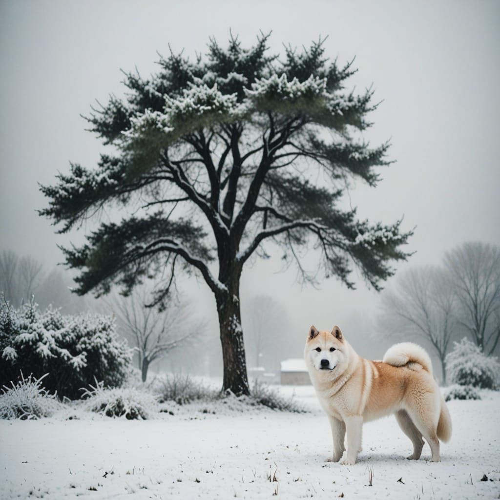 Serene White Akita in Vojvodina Village Winter Wonderland