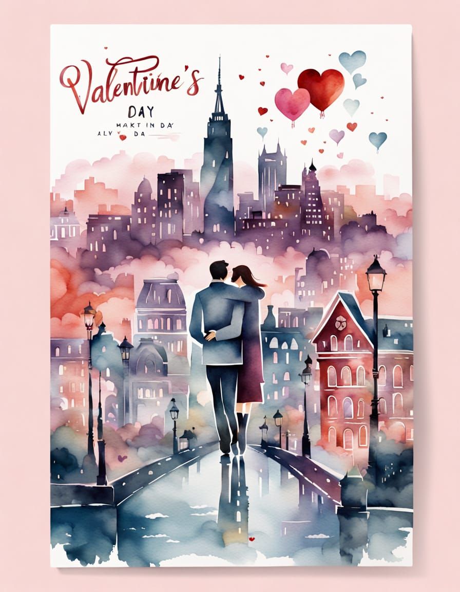 Romantic Watercolor Cityscape with Couples in Love
