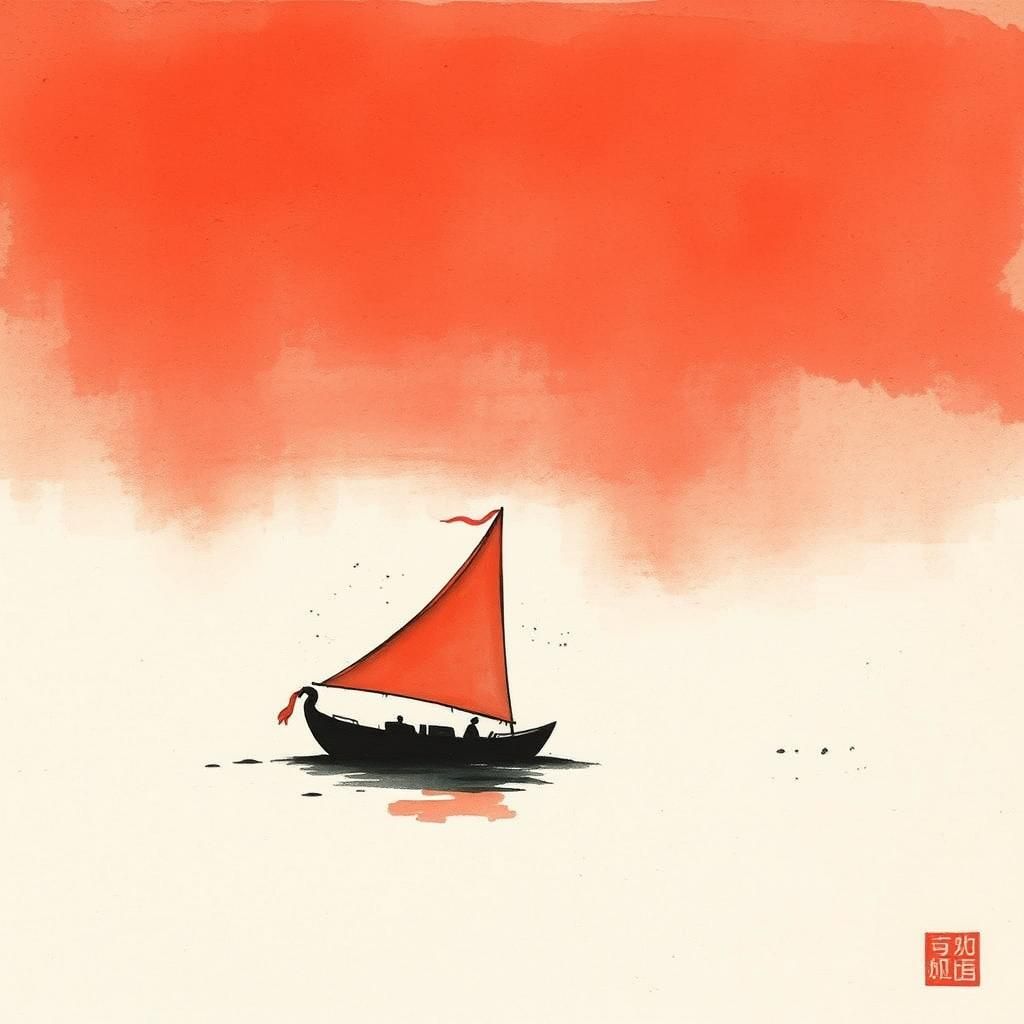 Crimson Sky Sailing Boat in Sumi-e Ink Style