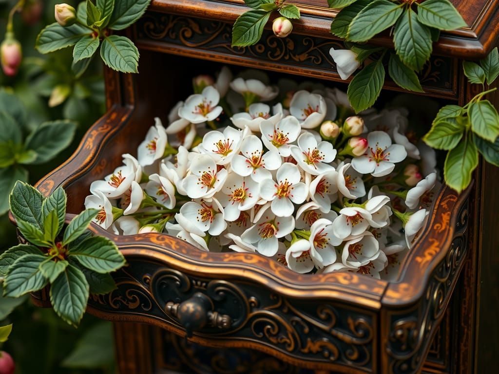 Prunus Blossoms in Ornate Drawer, Arts and Crafts Style
