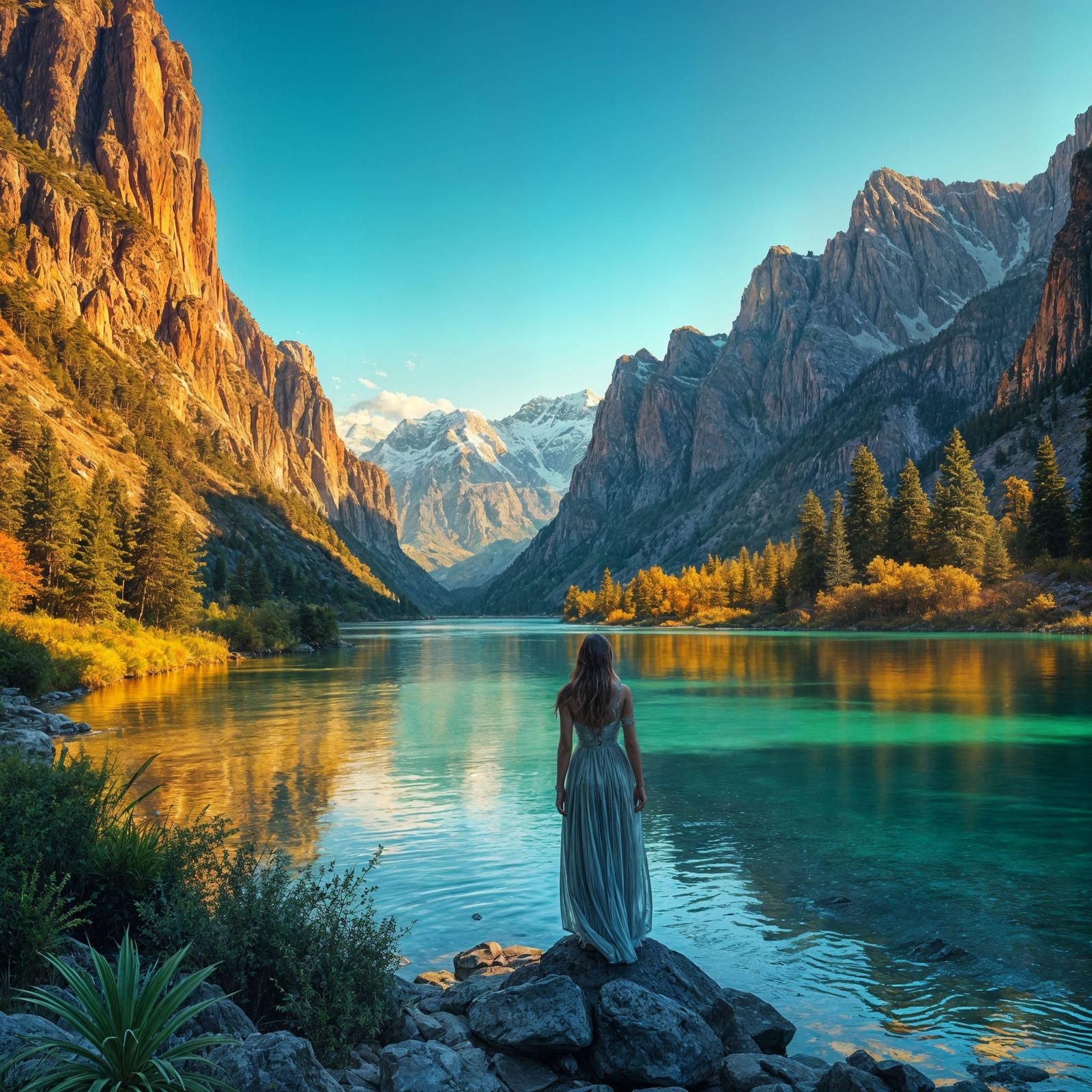 Amethyst Mountains Reflecting Golden River: Digital Painting