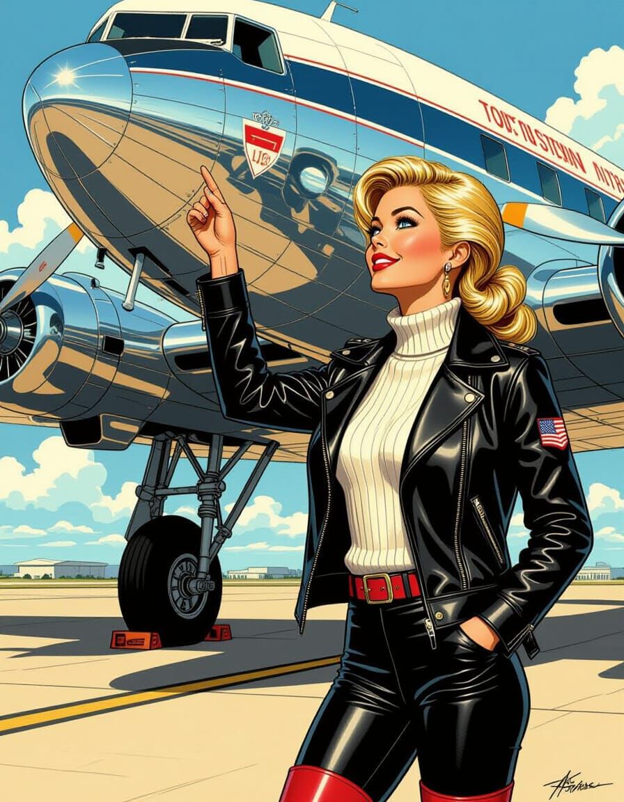 Blonde Pilot and Lockheed Airliner in Comic Art Style