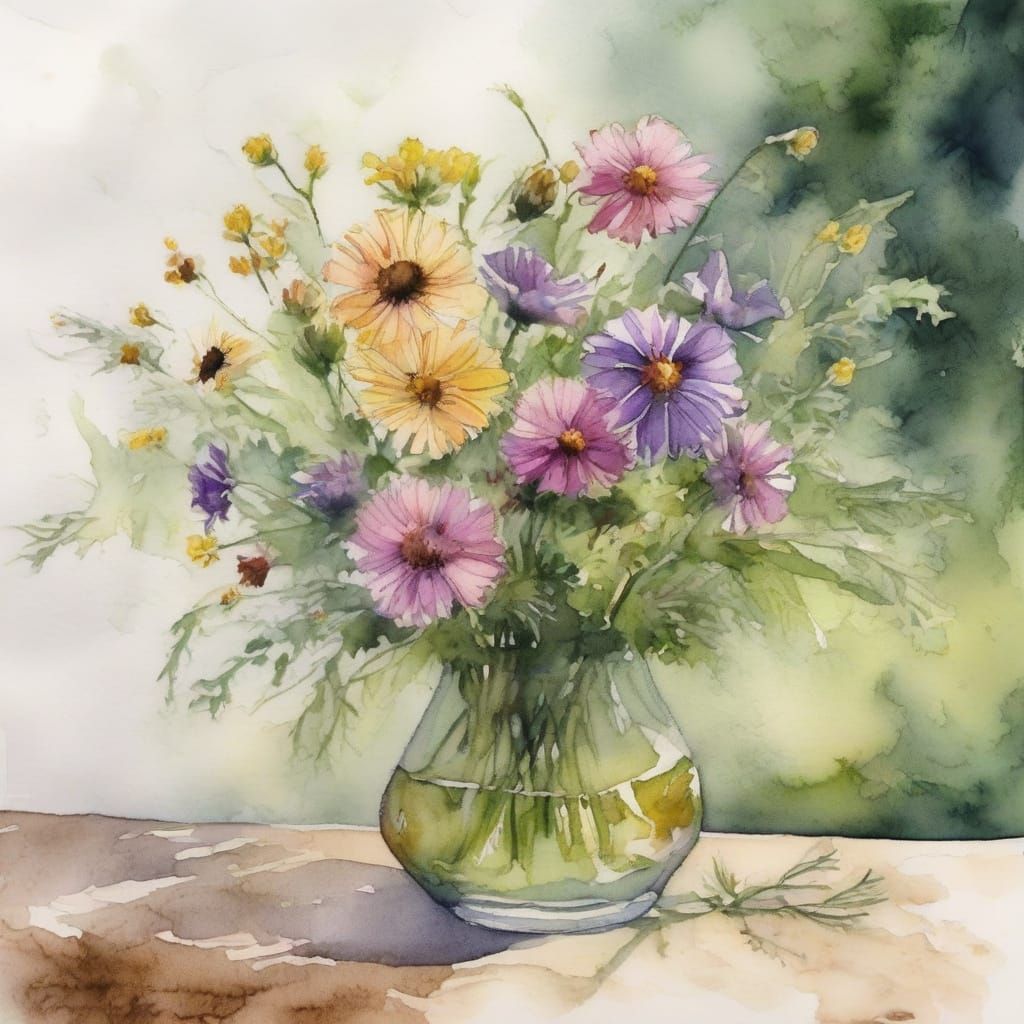 Delicate Wild Flowers in Olive Green Vase, Inspired by Water...