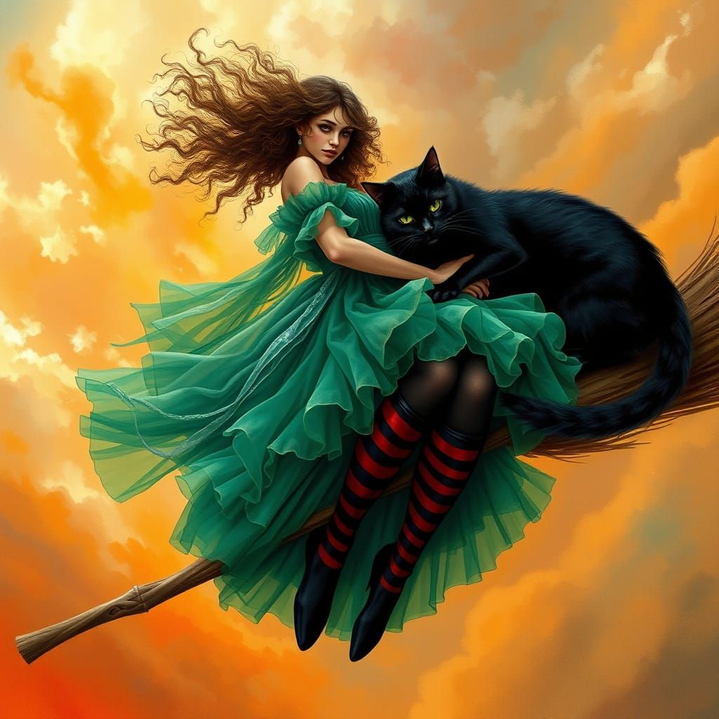Enchanted Witch Sits Serenely on a Broom, Surrounded by Turb...