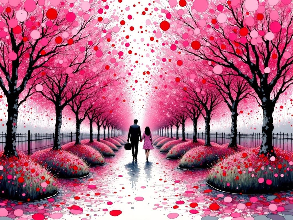 Whimsical Cherry Blossom Grove in Vibrant Polka Dots