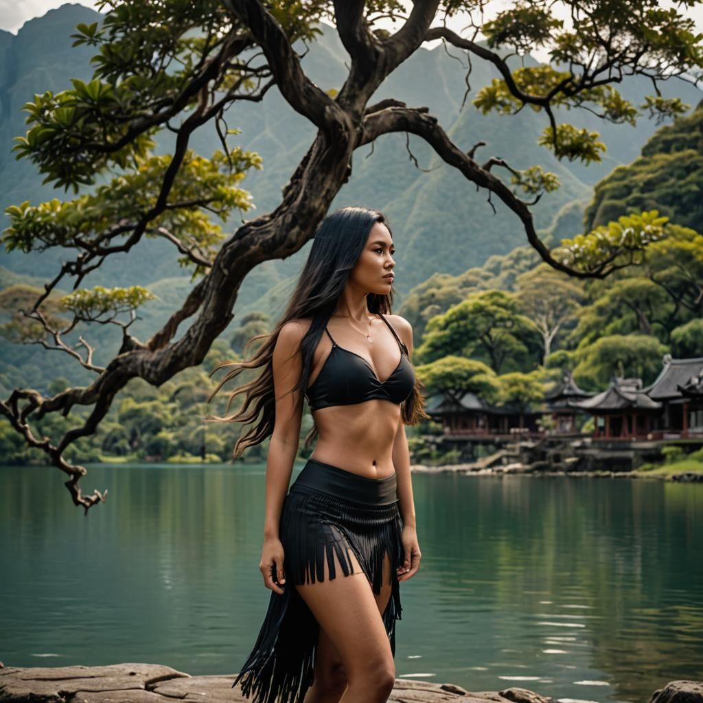 Polynesian Beauty by Lake with Mountains and Temples