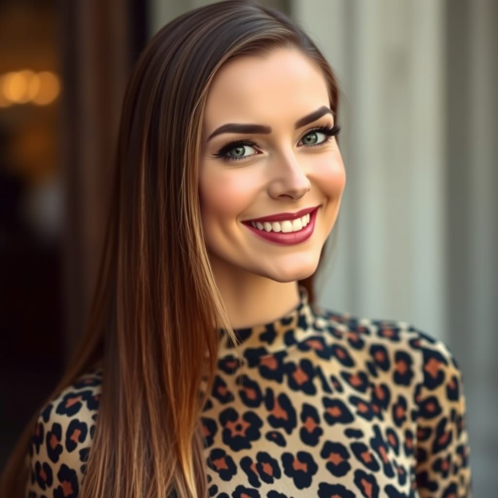 Elegant Russian Woman in Leopard Print Gown with Vibrant Mak...