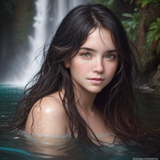 Woman with Shining Hair in Waterfall Portrait