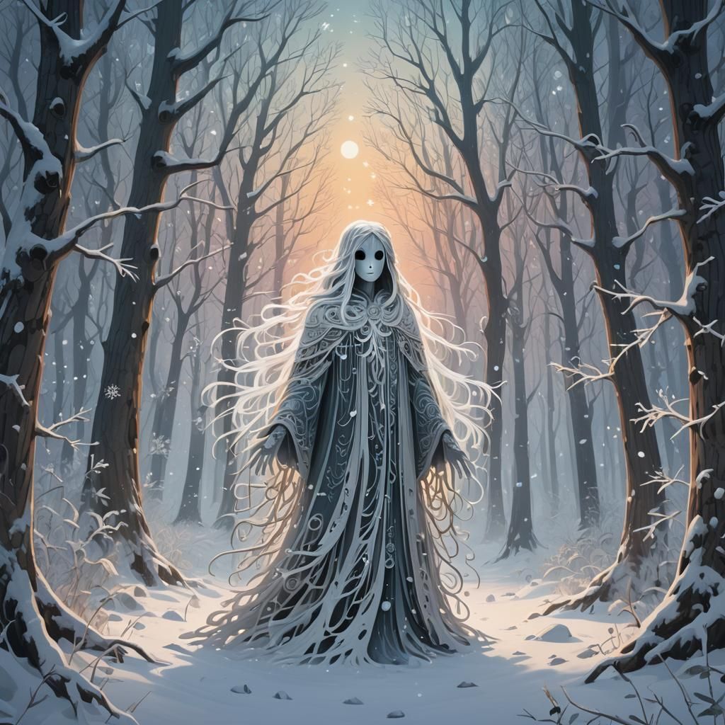 Forest Ghost in Snowy Winter Landscape, Cartoon Art