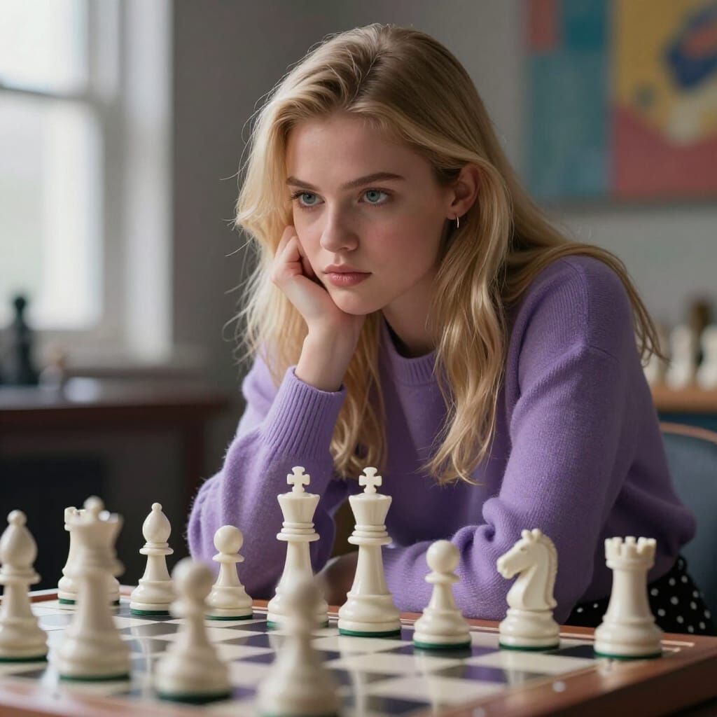 Focused Woman Playing Chess in Cinematic Portrait