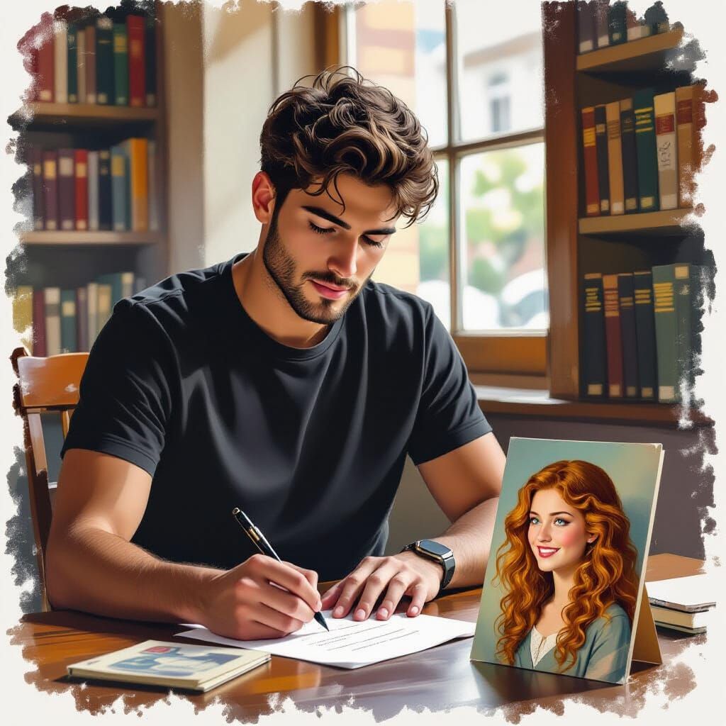 Young Man Writing a Letter in a Library Oil Painting