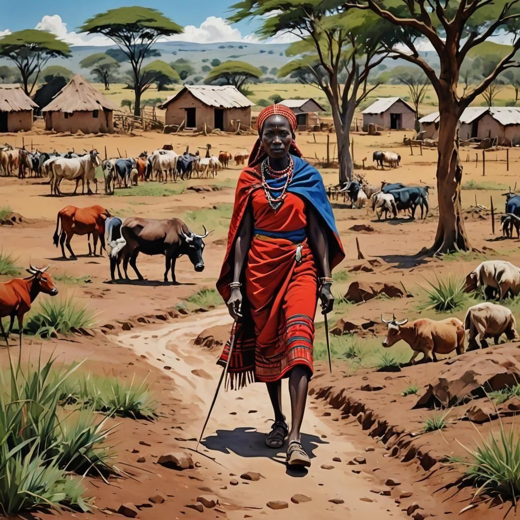Kenyan Maasai Woman Walking in Farm, Abstract Art