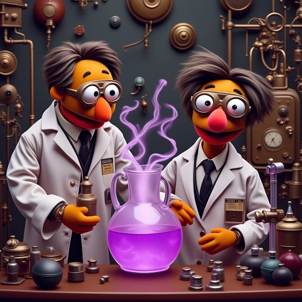 Muppet-Style Scientists Examining Smoking Fluid