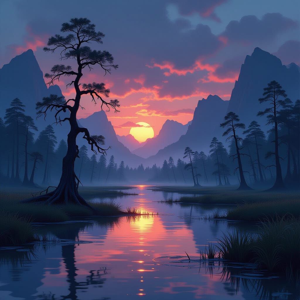 Dark Fantasy Swamp Landscape at Dusk