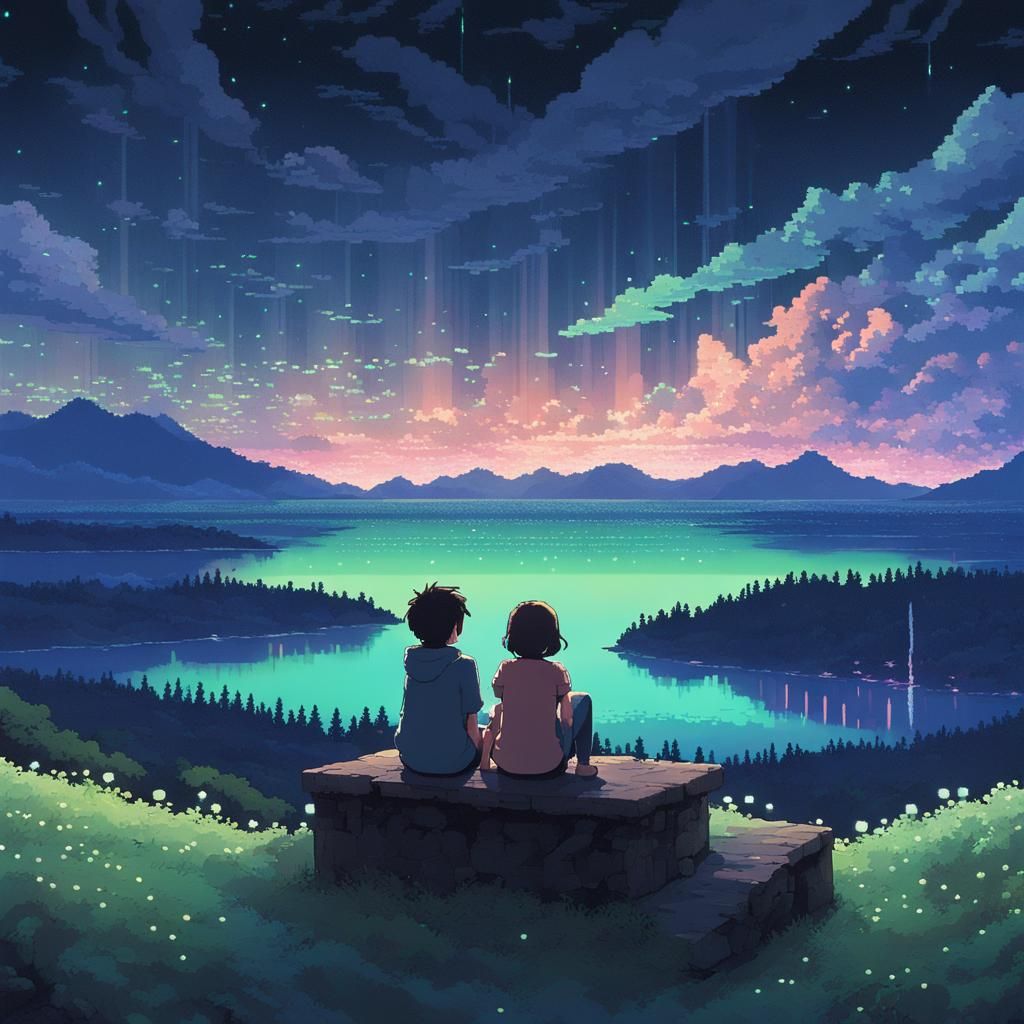 Stargazing Under the Aurora in Pixel Art Style