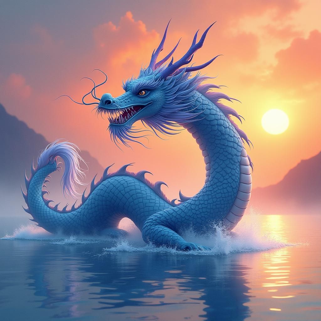 Blue China Dragon Emerges at Sunset