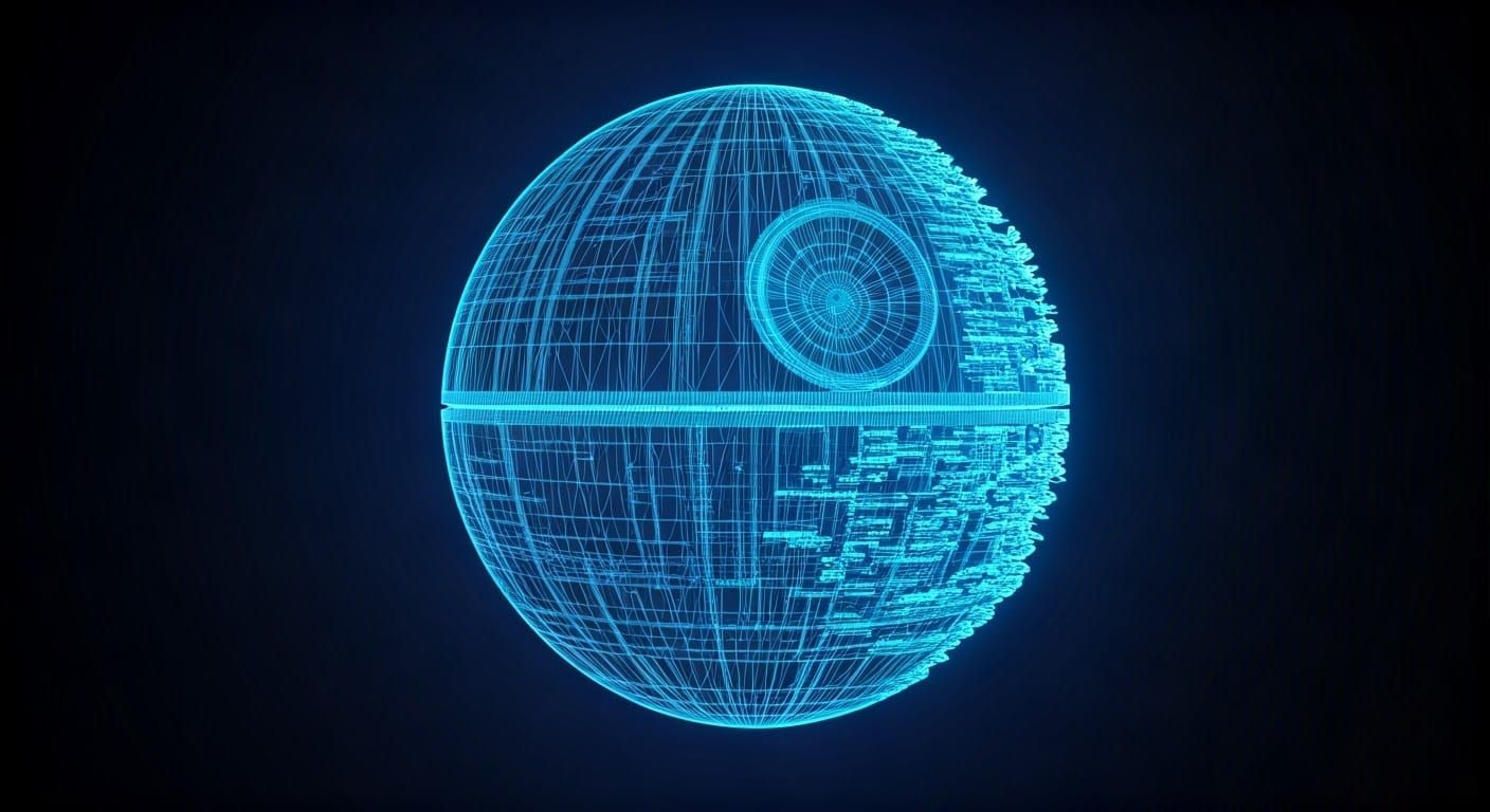 Retro-Futuristic Death Star Wireframe in Vibrant Blue Neon