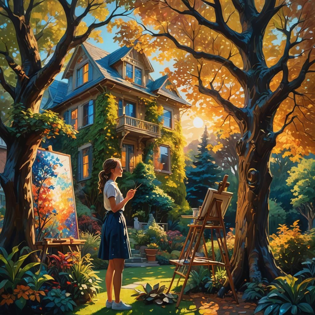Girl Painting in Garden: Vibrant Oil Painting