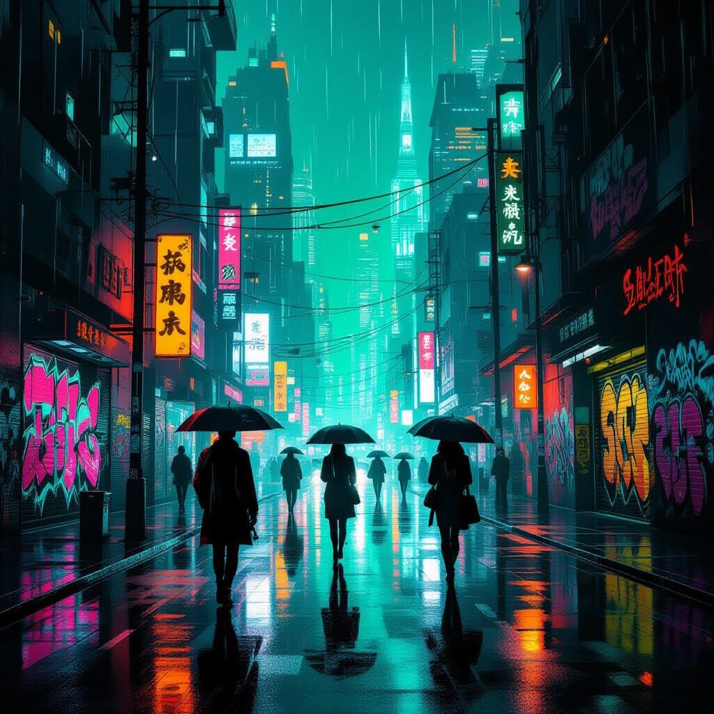 Cyberpunk Cityscape at Night in Neon Lights