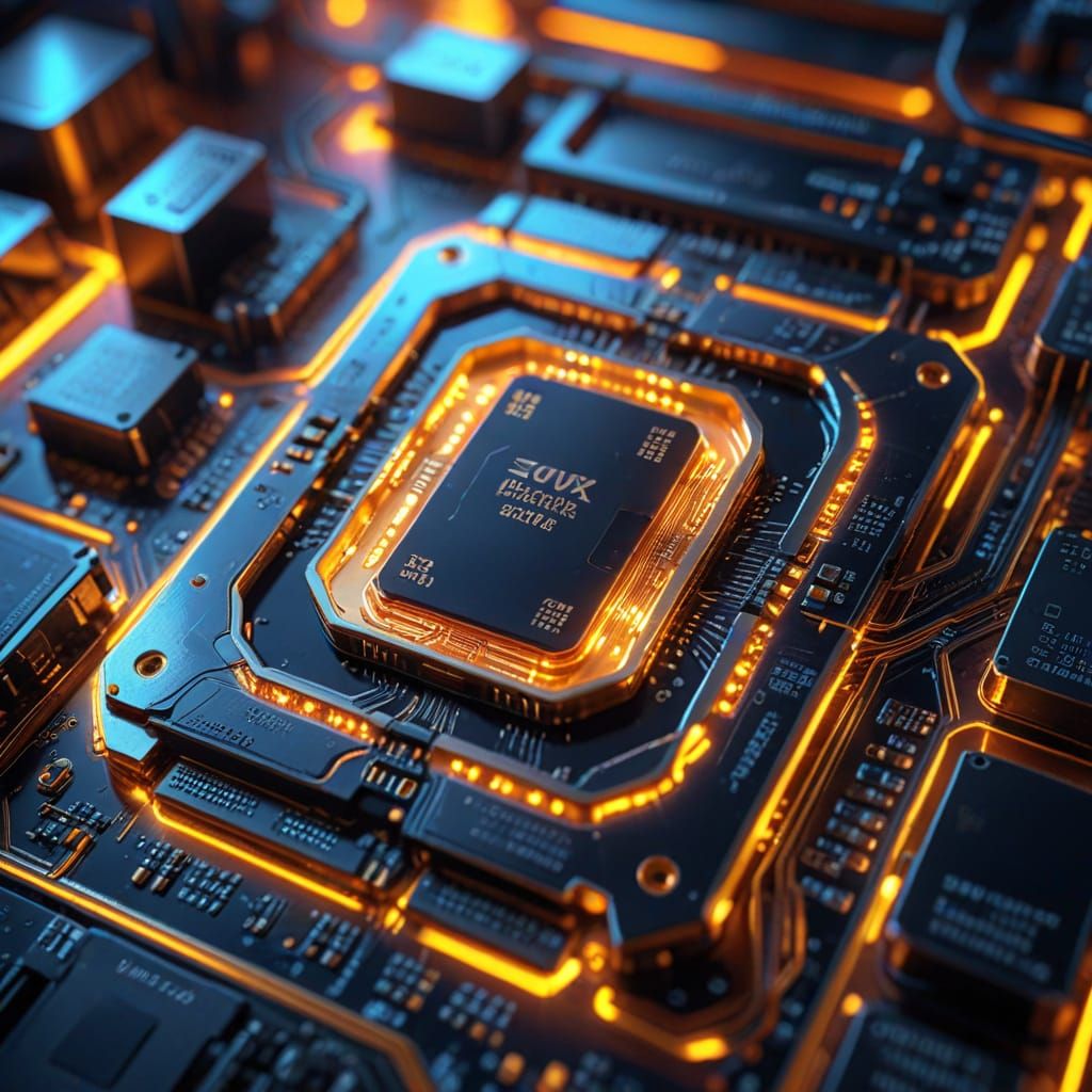 Sci-Fi GPU Chip Close-Up in Neon and Gold