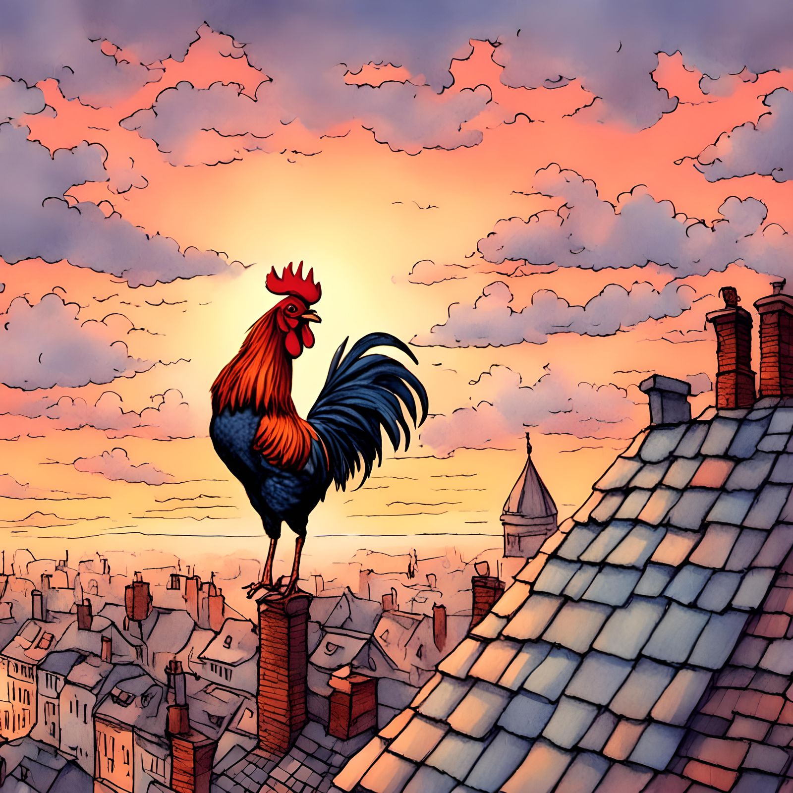 Rooster Crowing at Sunrise in Storybook Illustration