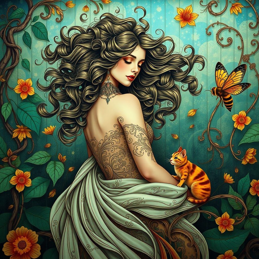 Sensuous Art Nouveau Fantasy in Emerald, Sapphire, and Amber