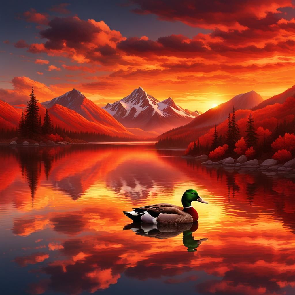 Picturesque Sunset Over Lake with Duck: Digital Painting