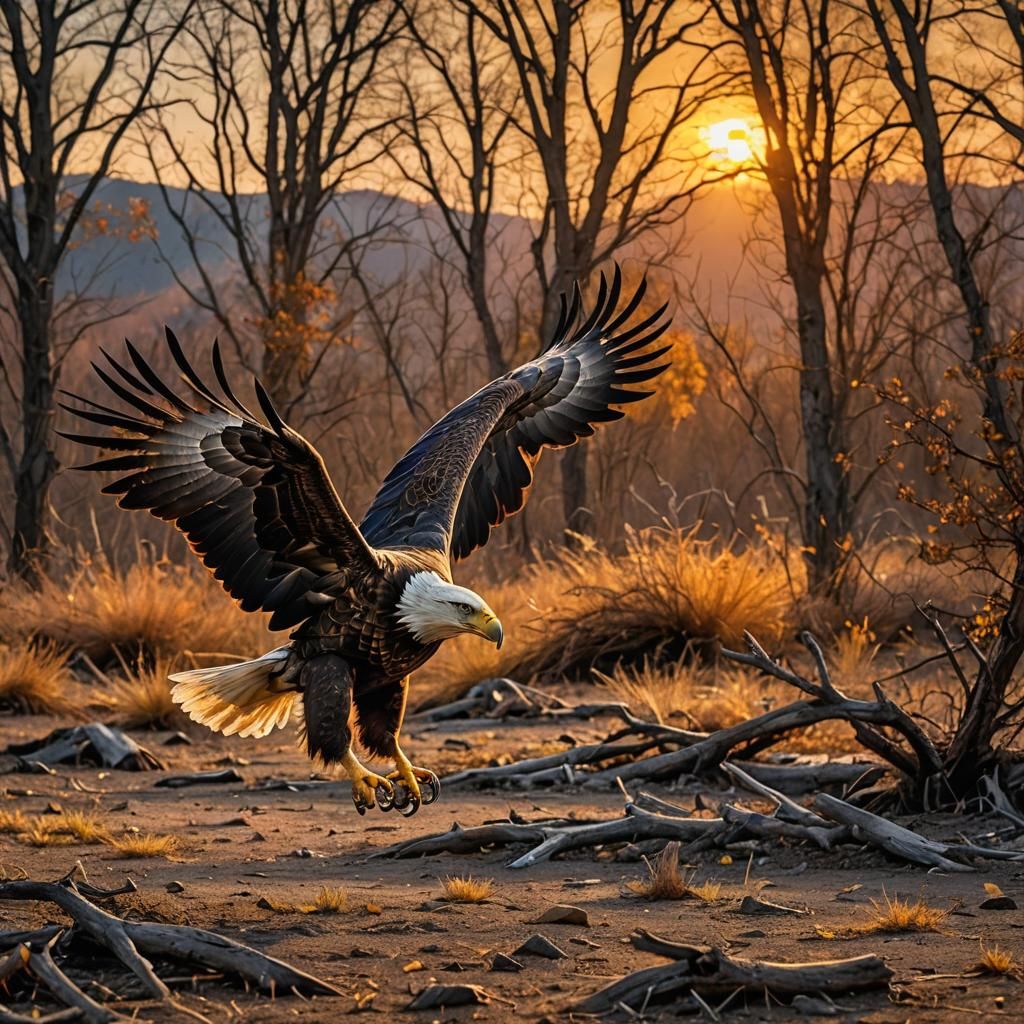 Eagle Circling Prey at Sunset: Hyperrealistic Image