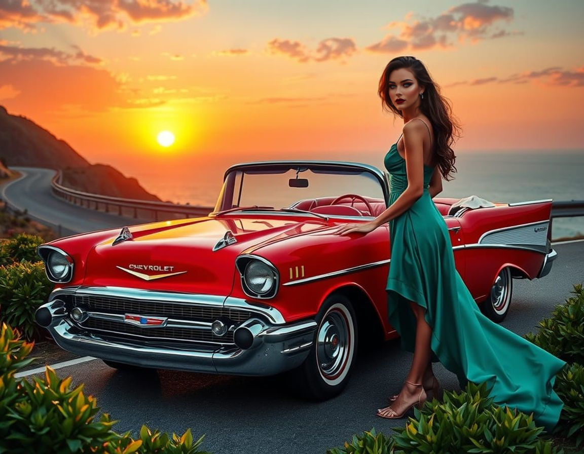 1957 Chevy Bel Air on Coastal Highway at Sunset