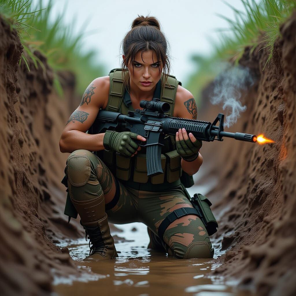 Female Commando in Trench, Gritty Realism