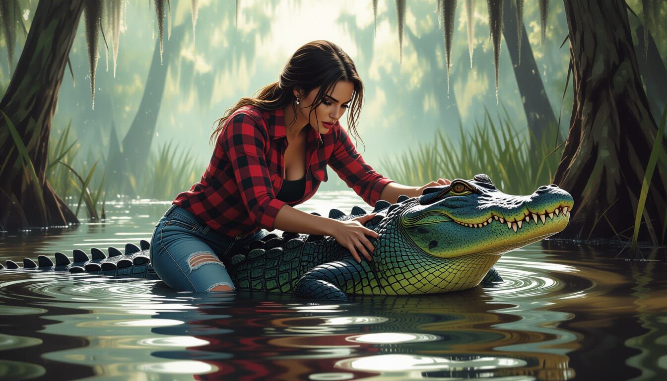 Redneck Woman Wrestles Alligator in Noir Style