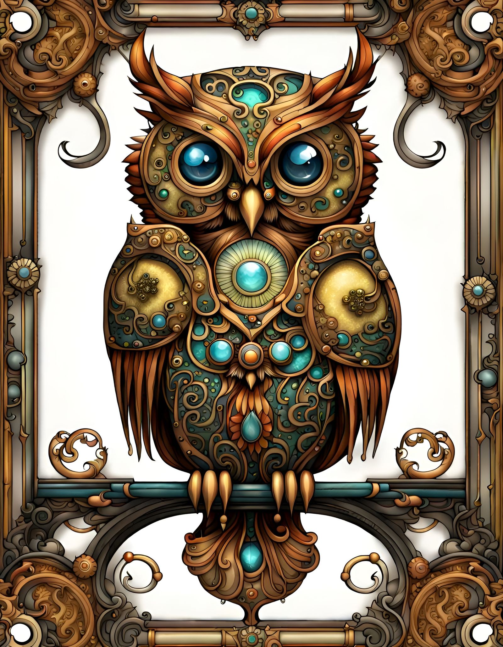 Steampunk Owl in Art Nouveau Digital Painting