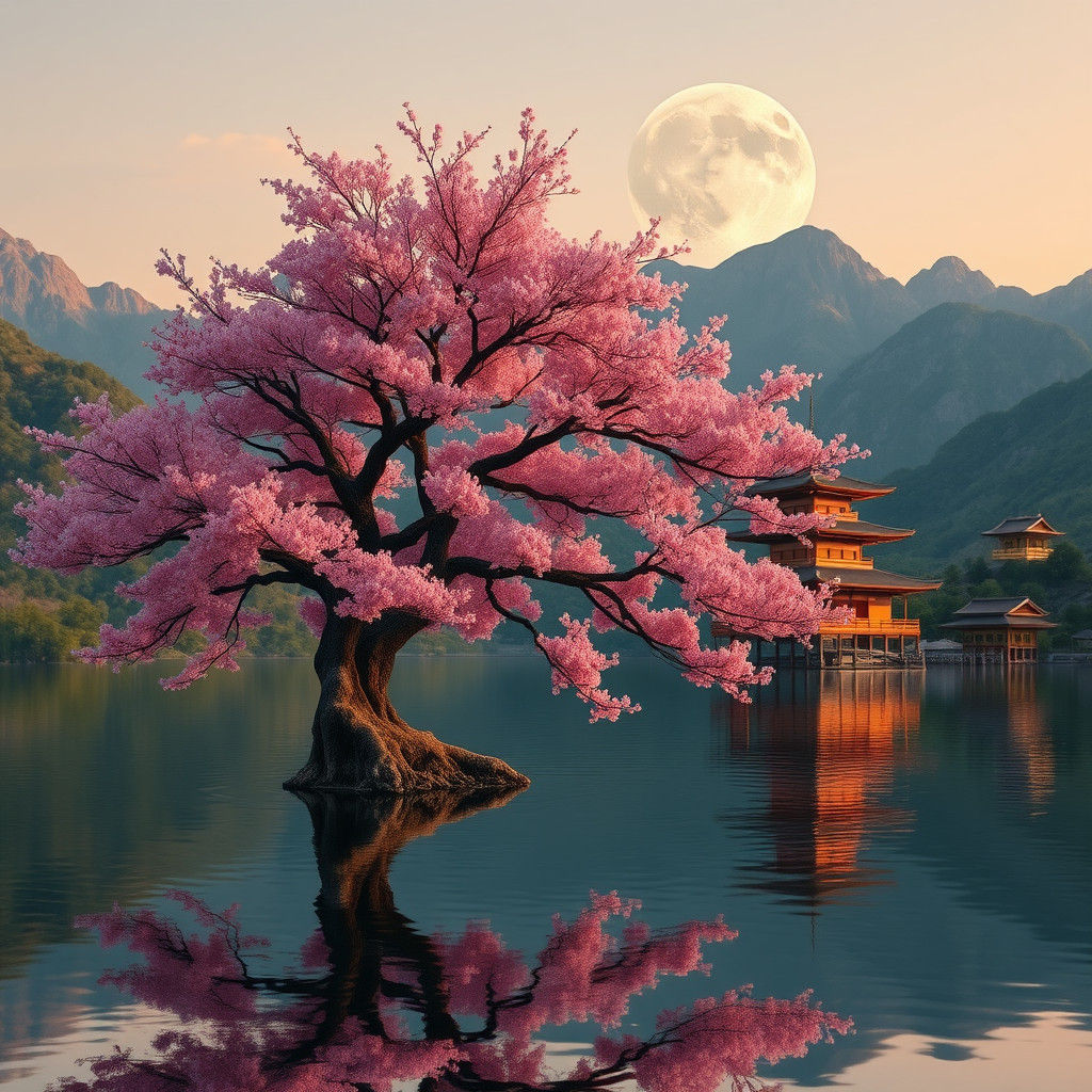Majestic Sakura Tree Reflected in Lake: Dreamlike Matte Pain...