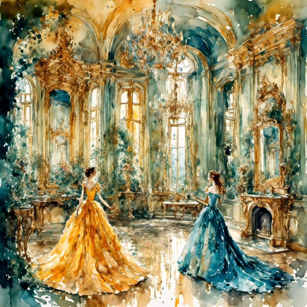 Gowned Ladies Celebrate in Watercolor Ballroom