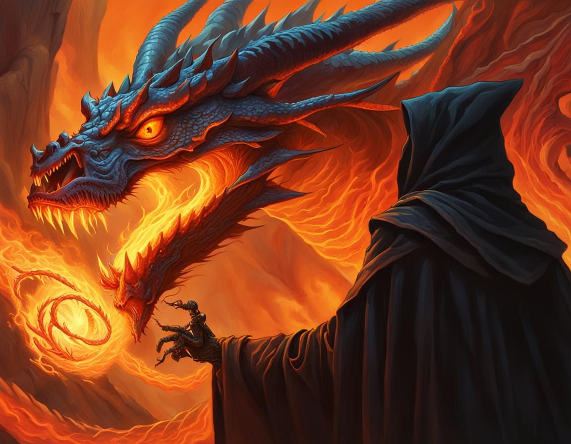 Wizard Battles Dragon in Fiery Fantasy Art