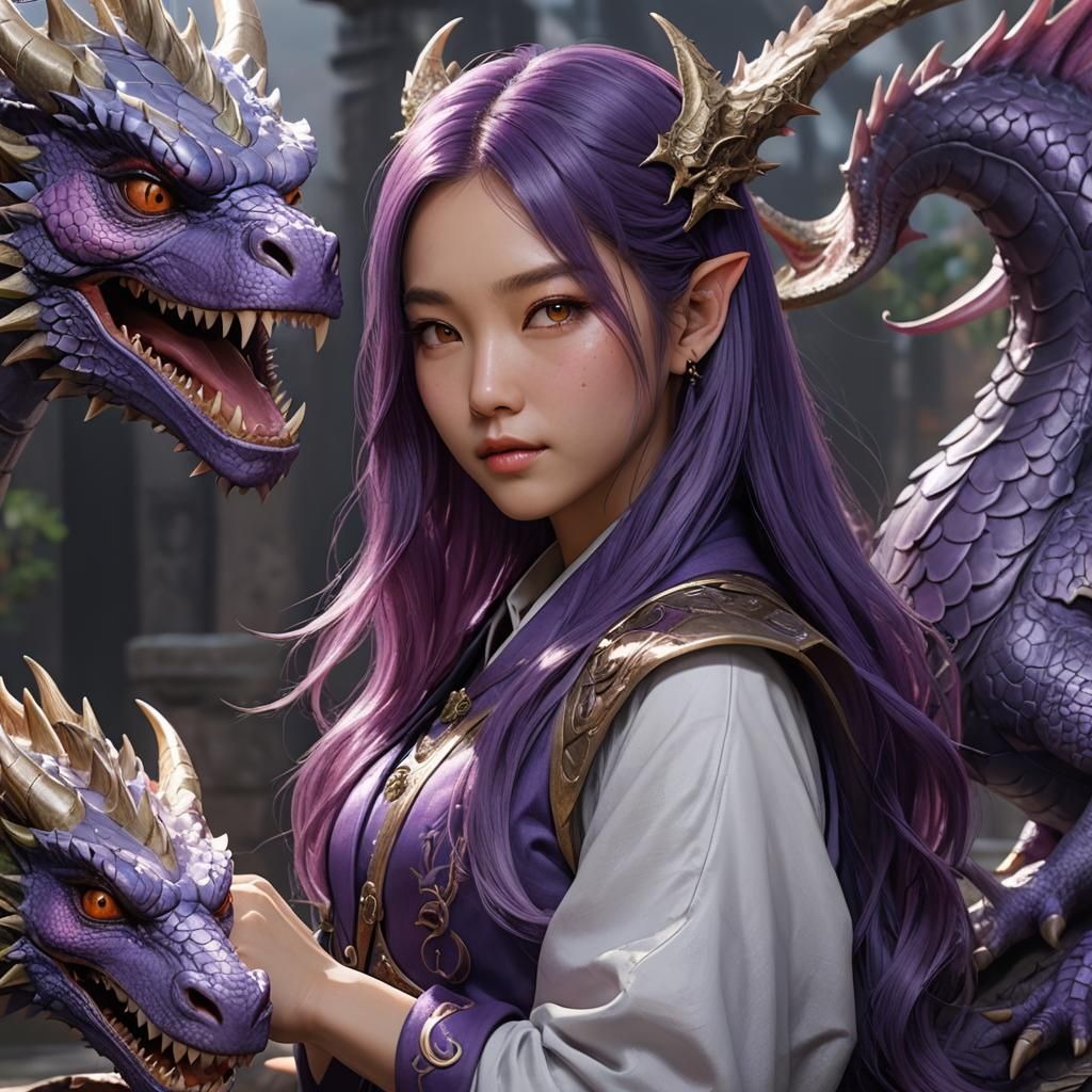 Asian Girl and Dragon in Anime Style