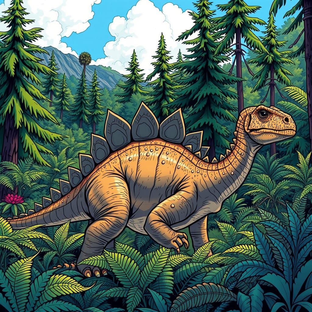 Prehistoric Stegosaurus Basks in Sunny Day